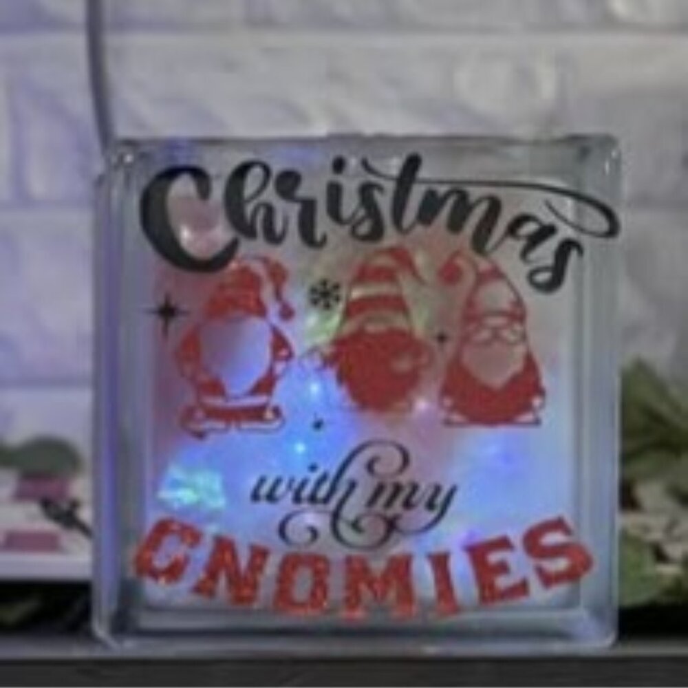 Christmas with my Gnomies 6 by 6 glass block with fairy lights